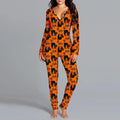 Mandotos Halloween printed long sleeve jumpsuit pajamas with spooky design, comfortable loungewear for festive nights.