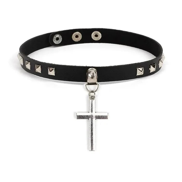 Mandotos Harajuku Punk Cross Choker featuring a black leather band with a metal cross pendant for edgy fashion style.