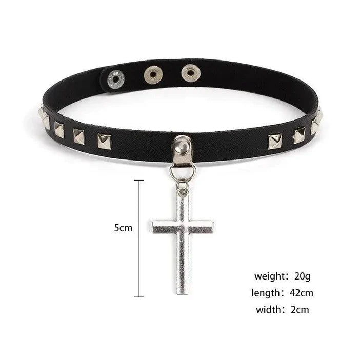 Mandotos Harajuku Punk Cross Choker featuring a black leather strap and silver cross pendant, stylish accessory for edgy fashion.