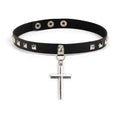 Mandotos Harajuku Punk Cross Choker with metal chain and cross pendant, showcasing edgy fashion accessory on a black background.