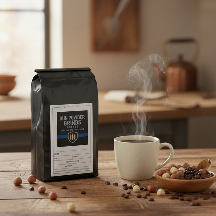 Gun Powder Grinds Hazelnut with steaming mug