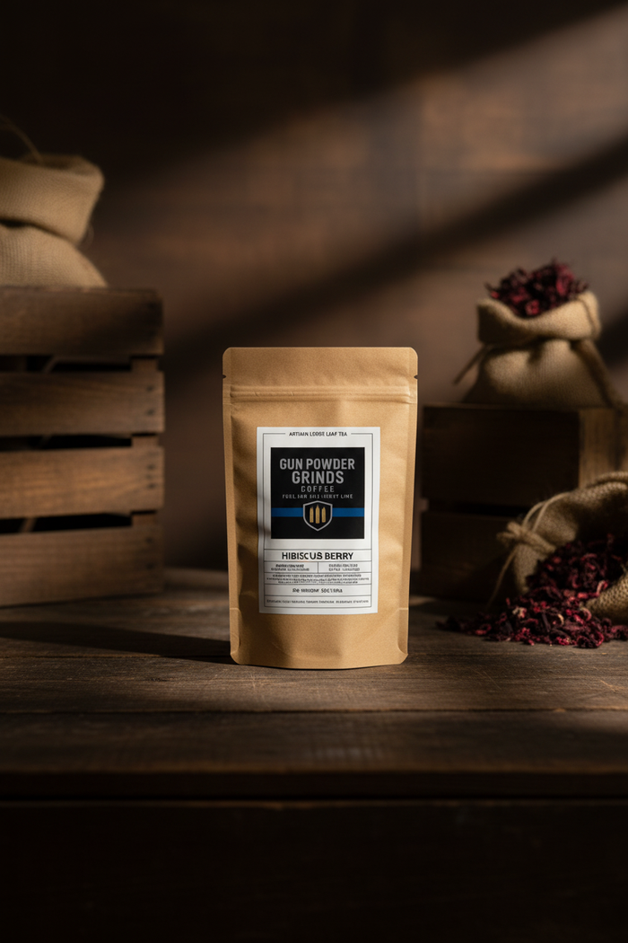 Gun Powder Grinds Hibiscus Berry Tea on wooden surface