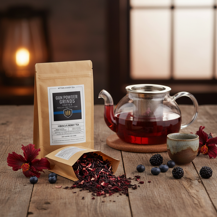 Gun Powder Grinds Hibiscus Berry Tea with brewing setup