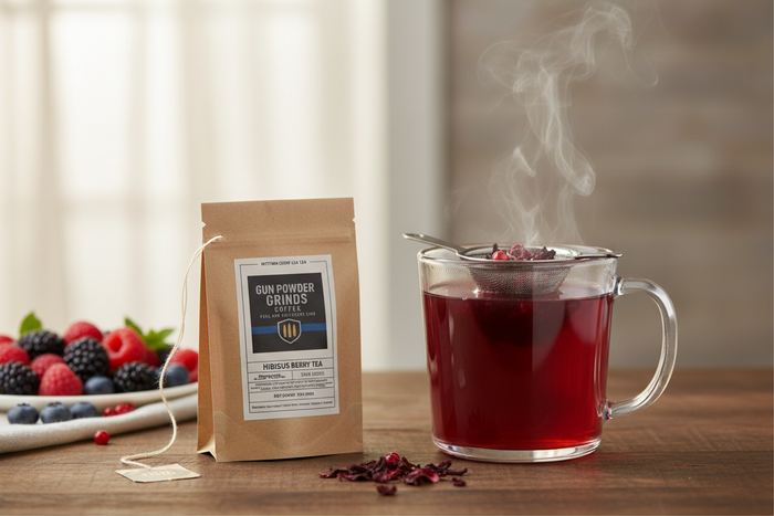 Gun Powder Grinds Hibiscus Berry Tea with steaming cup