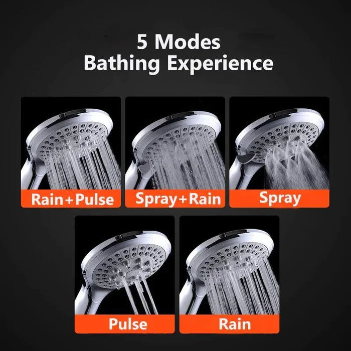 Mandotos high-pressure 5-mode handheld shower head with hose, featuring adjustable spray settings for a customizable shower experience.