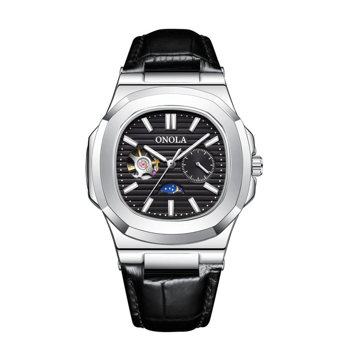 Ancient Energy mechanical watch with sun, moon, and stars design, waterproof leather strap and classic analog display.