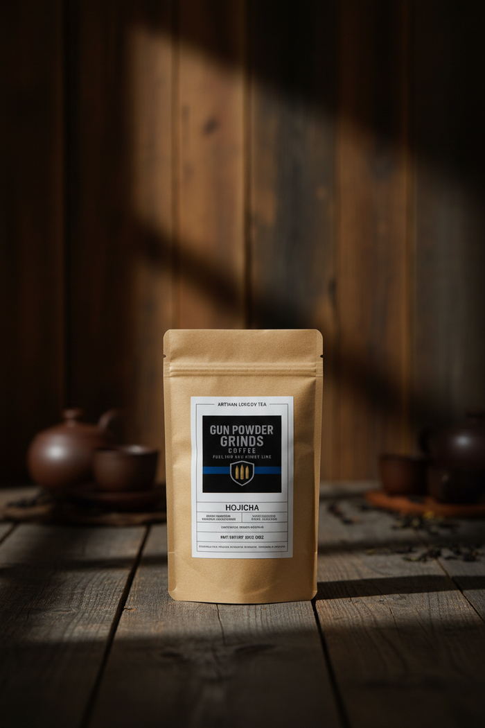 Gun Powder Grinds Hojicha on wooden surface