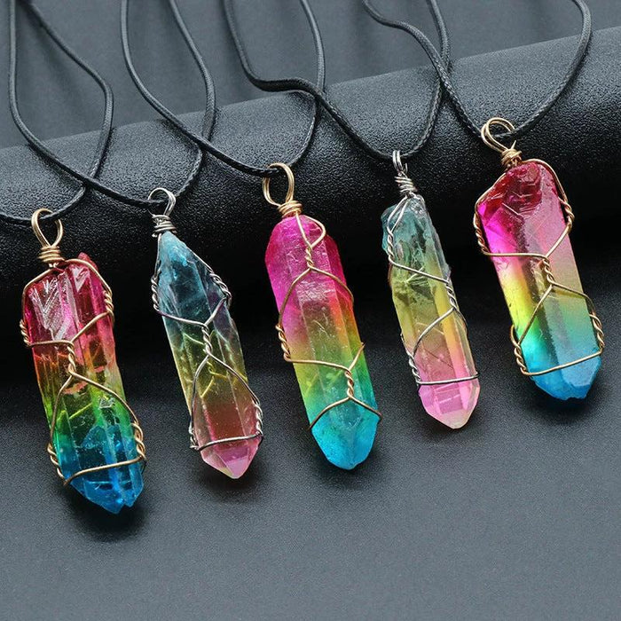 Mandotos stone crystal pillar Tree of Life pendant necklace, fashion jewelry with detailed craftsmanship and natural stone appearance.