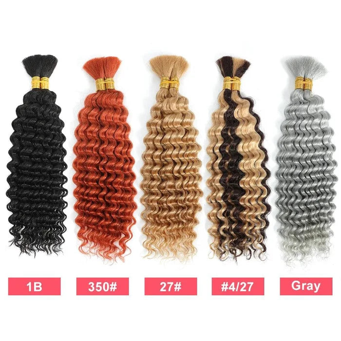 Mandotos 100g deep wave human braiding hair bulk with curly no-weft extensions for boho braid styles.