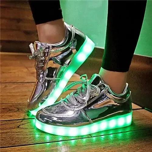 Mandotos LED light-up sneakers with sparkling soles, showcasing vibrant illumination and stylish design for energetic steps.