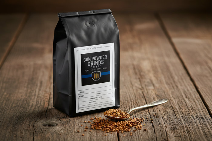 Gun Powder Grinds Instant Coffee with crystals and spoon
