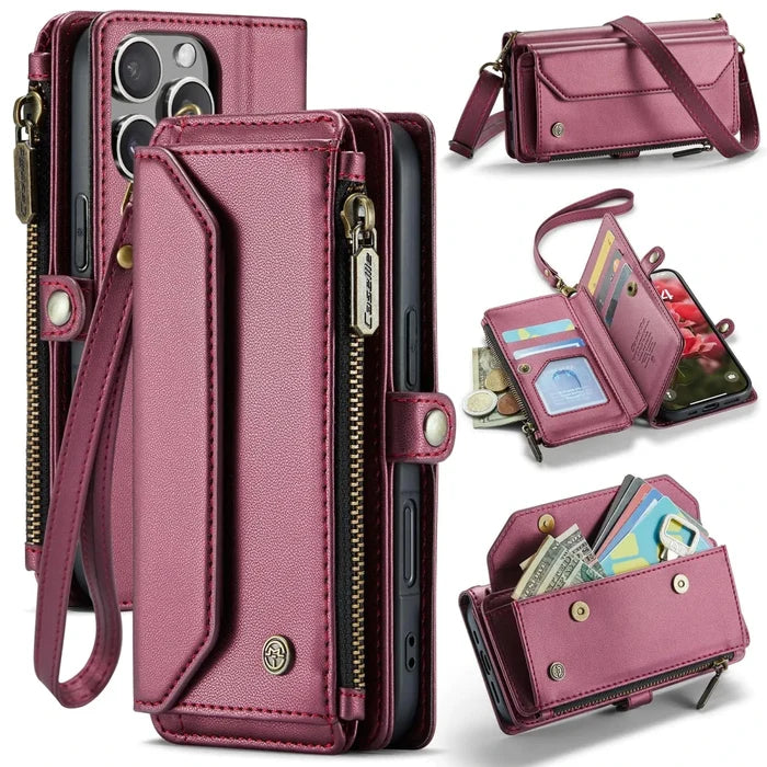 Mandotos International iPhone 16 Pro RFID multi-function wallet case with card slots and secure cover, black leather finish.