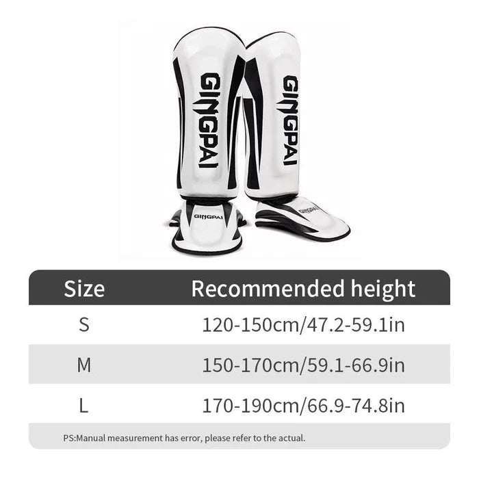Mandotos kickboxing shin guards for Muay Thai, padded leg protectors designed for kickboxing training and combat sports.