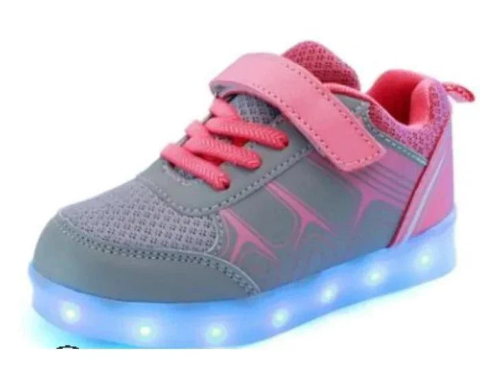 Kids luminous shoes by MANDOTOS with glowing soles and colorful design, perfect for children’s outdoor play and nighttime visibility.