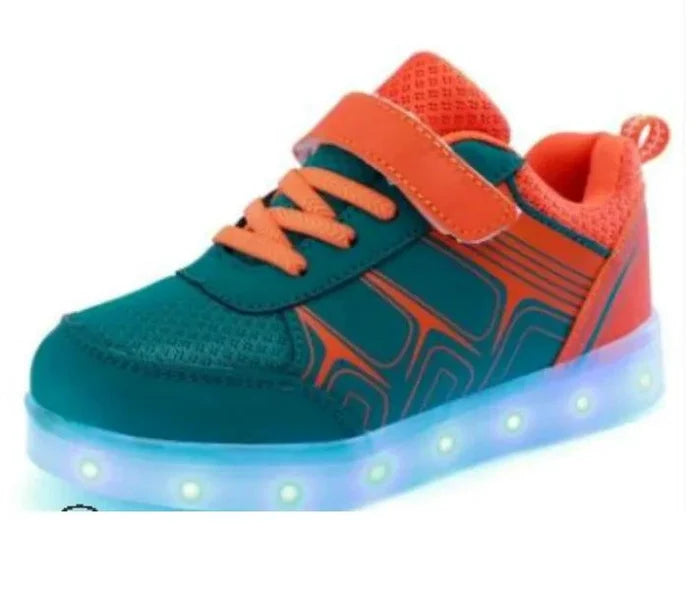 Kids luminous shoes by MANDOTOS with glowing soles, colorful design, and adjustable straps for comfortable play and outdoor activities.