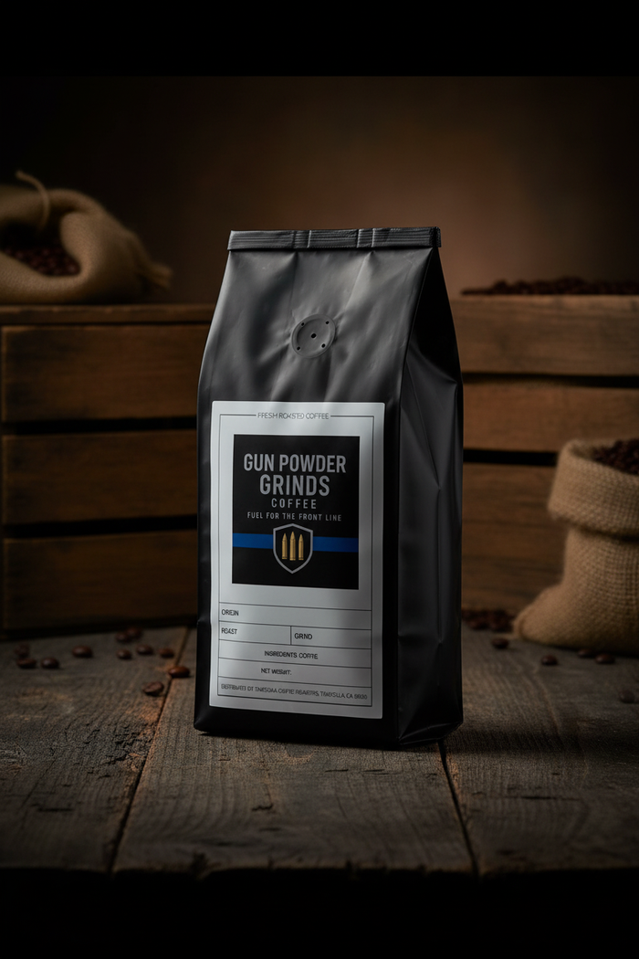 Gun Powder Grinds Kopi Safari on wooden surface