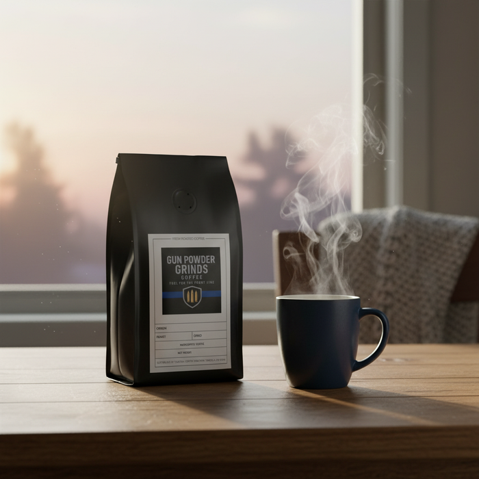 Gun Powder Grinds Kopi Safari with steaming mug