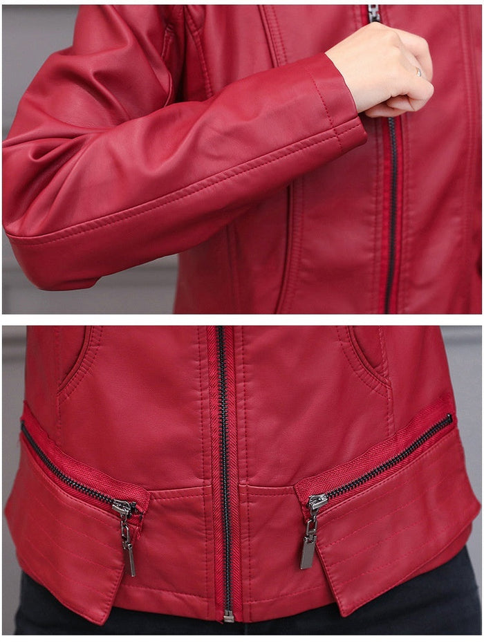 Korean-Style Slim Fit Motorcycle Leather Coat — Stand-Up Collar