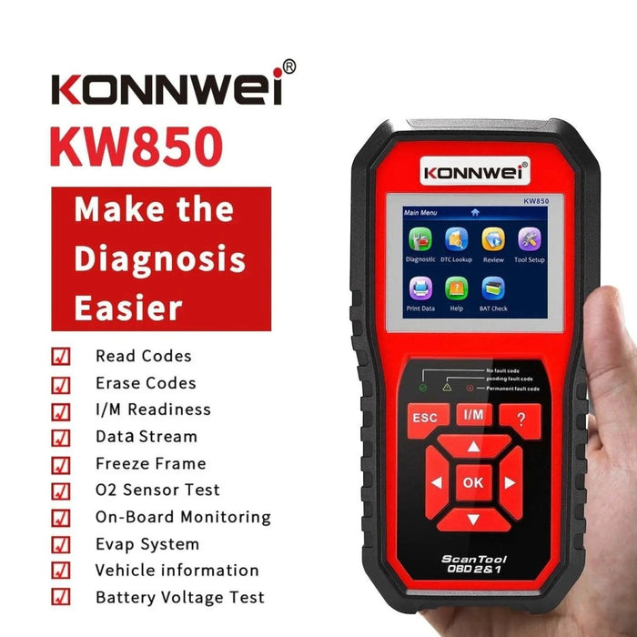 MANDOTOS KW850 OBD2 CAN BUS code reader scanner for car engine fault detection and diagnostic code reading.