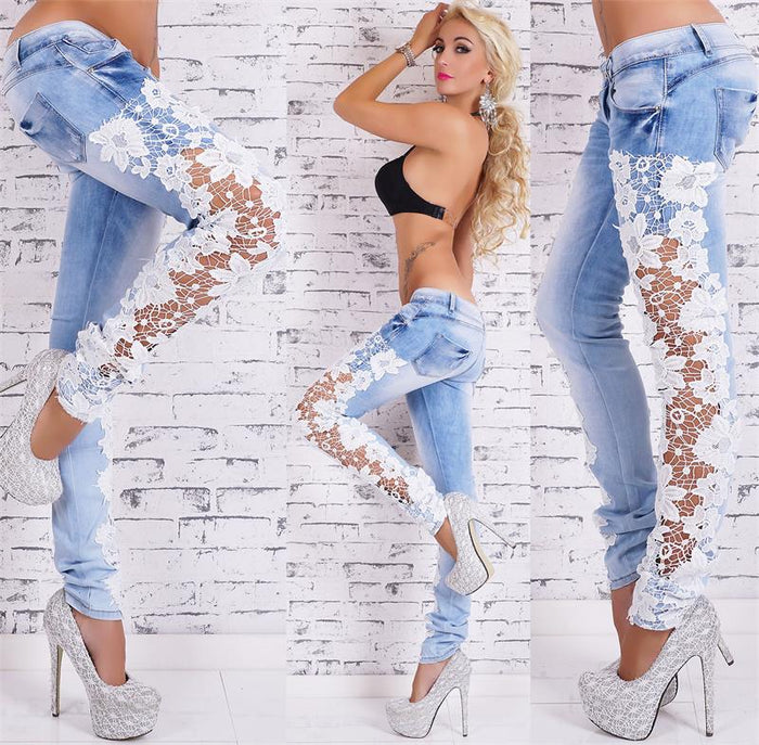 Light blue lace jeans from Ancient Energy featuring intricate lace details and a slim fit design.