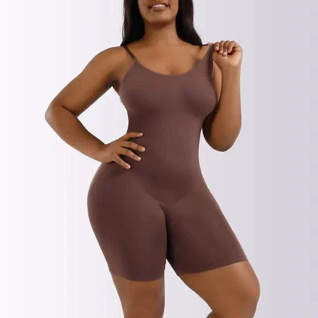 Mandotos ladies' curve-enhancing shaper bodysuit displayed on a model, showcasing its slimming and supportive design.