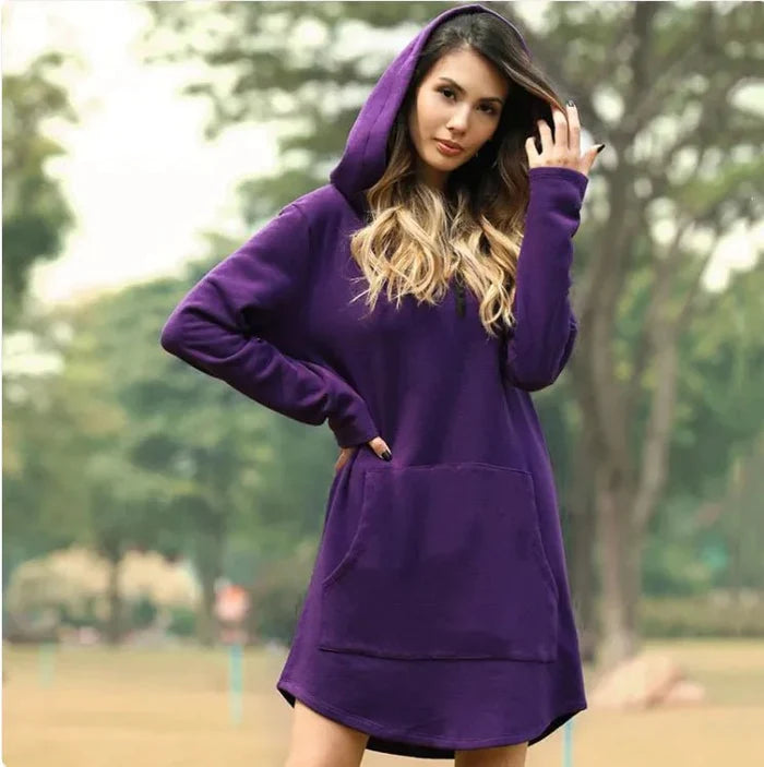 Ladies' hoodie dress with pockets by MANDOTOS INTERNATIONAL, featuring a comfortable fit and casual style.