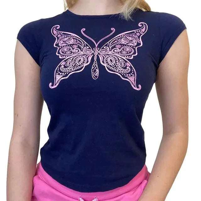 Ladies' retro print crop tee by MANDOTOS featuring bold vintage-inspired design and a fitted cropped silhouette.