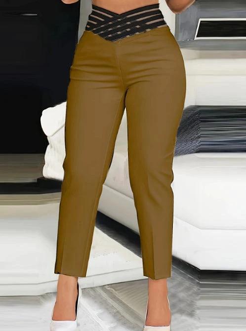 Ladies' solid color hollow high waist casual pants by MANDOTOS, slim fit and fashionable for everyday wear.