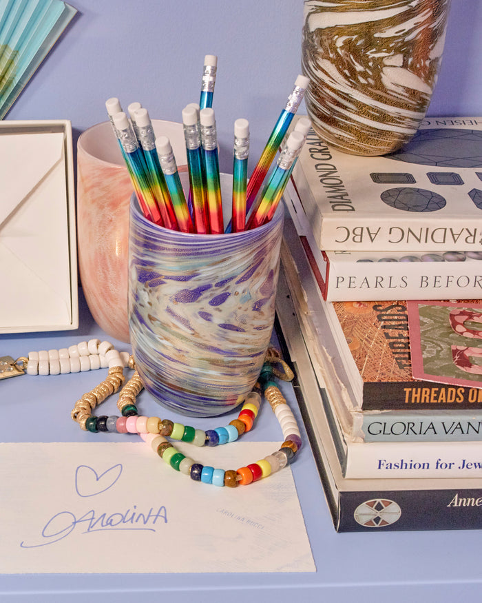 blue laguna b murano glass presented with rainbow pencil