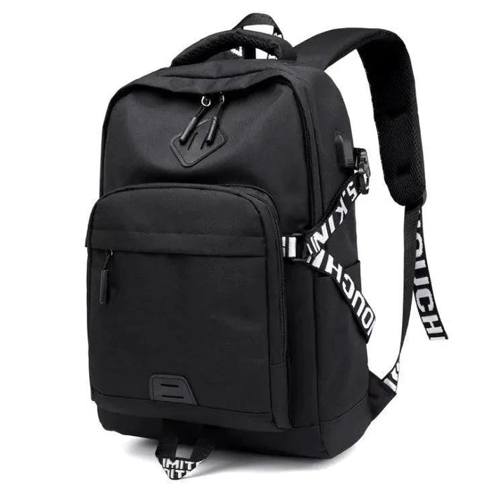 Mandotos laptop backpack with USB charging port, black, with multiple compartments and padded shoulder straps for travel and daily use.