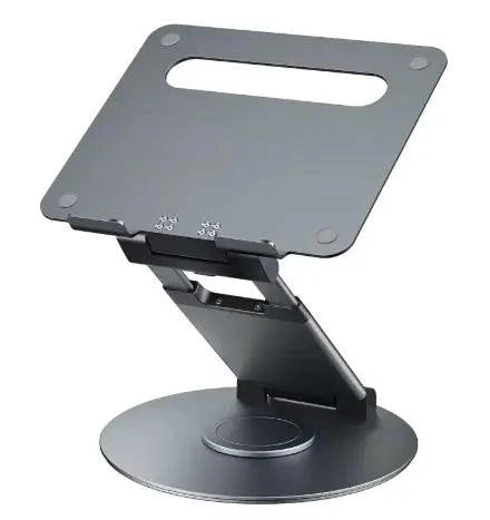 Mandotos laptop stand for desk with 360° rotating base, adjustable height and stable support for ergonomic workspace setup.
