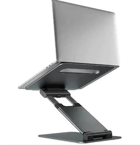 Mandotos laptop stand for desk with 360° rotating base, adjustable height, and modern ergonomic design for workspace comfort.