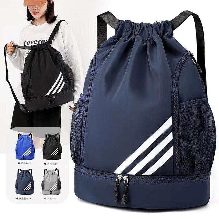 Large basketball backpack with drawstring pockets and spacious interior by MANDOTOS INTERNATIONAL, designed for sports and casual use.