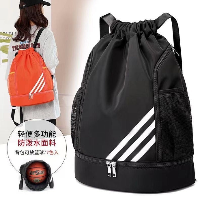 Large capacity Basketball backpack with drawstring closure and front pocket, by MANDOTOS INTERNATIONAL, suitable for sports and gym use.