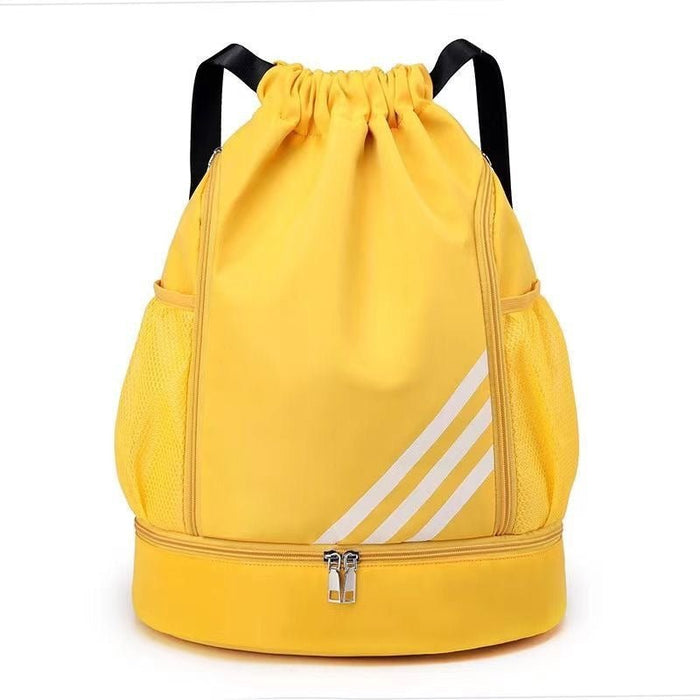 Large capacity basketball backpack by MANDOTOS INTERNATIONAL with drawstring closure and multiple pockets for storage.