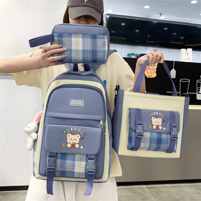 Ancient Energy high school plaid three-piece student backpack set with large capacity, suitable for junior high and elementary students.
