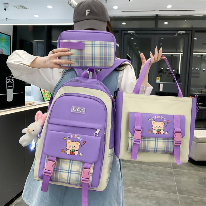 Ancient Energy large capacity plaid three-piece backpack set for students, includes a spacious school backpack, pencil case, and lunch bag.