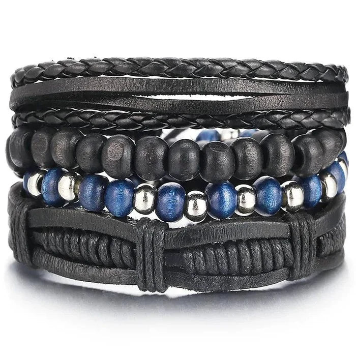 Layered leather charm bracelet with metal and bead accents from MANDOTOS, stylish accessory for casual or boho outfits.