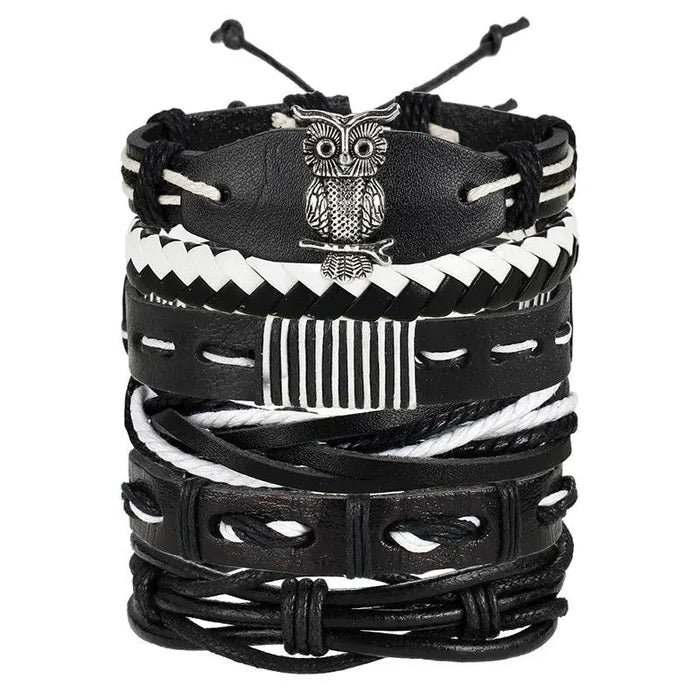 Mandotos layered leather charm bracelet with multiple leather strands and metal charms, stylish and versatile accessory.