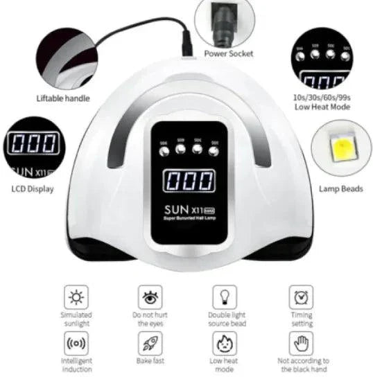 Mandotos LED UV gel nail curing lamp with digital display and multiple curing settings for professional nail art and gel application.