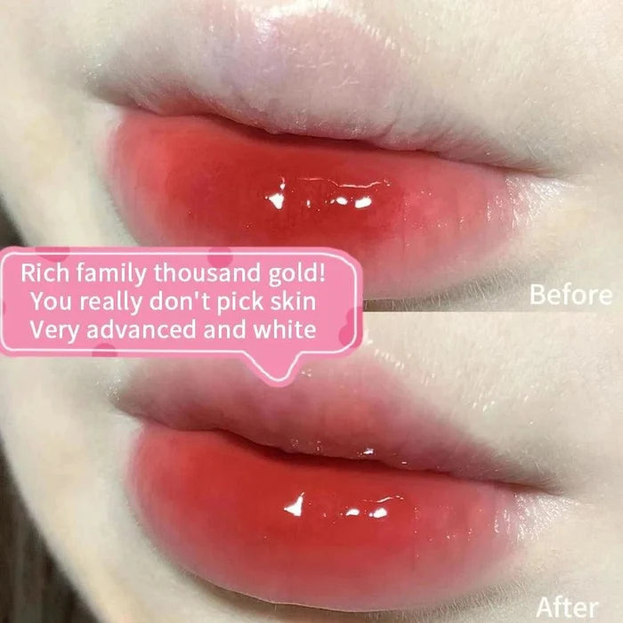 Mandotos long-lasting lip gloss with moisturizing, waterproof formula and mirror finish, shown on lips with smooth, shiny appearance.