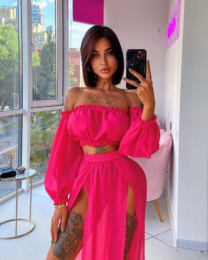 Ancient Energy long sleeve beach dress two-piece set in solid color, lightweight and stylish for seaside or casual wear.