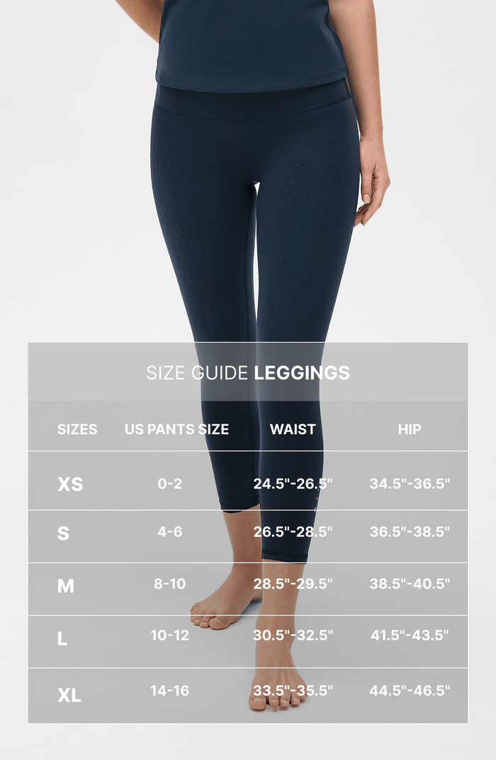 Size guide for women's dark blue patterned leggings with waist and hip measurements
