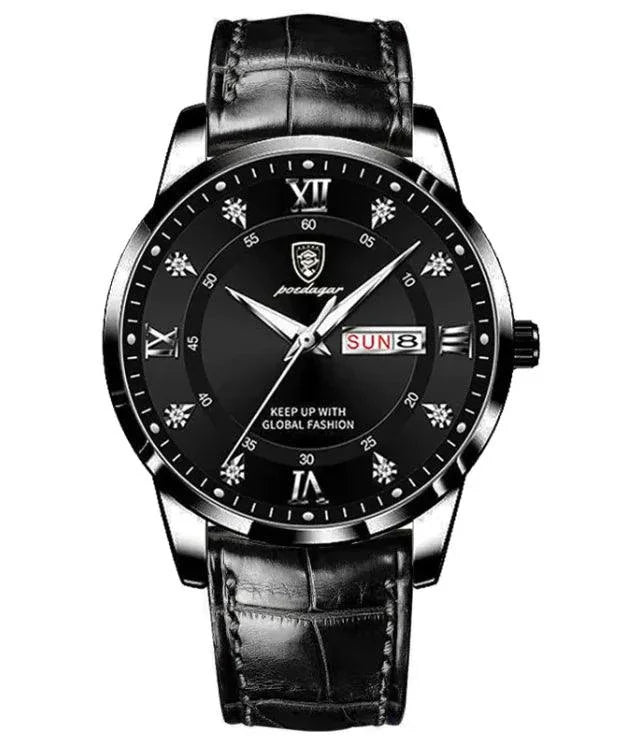 Mandotos luminous men's waterproof dual calendar watch showing time, date, and luminous dial in a close-up view.