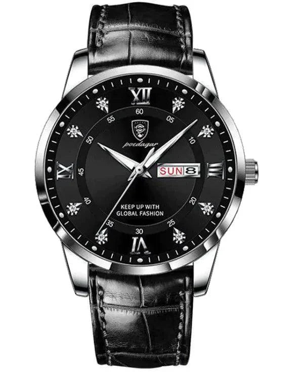 Luminous men's waterproof dual calendar watch by MANDOTOS with black strap and illuminated dial showing date and time.