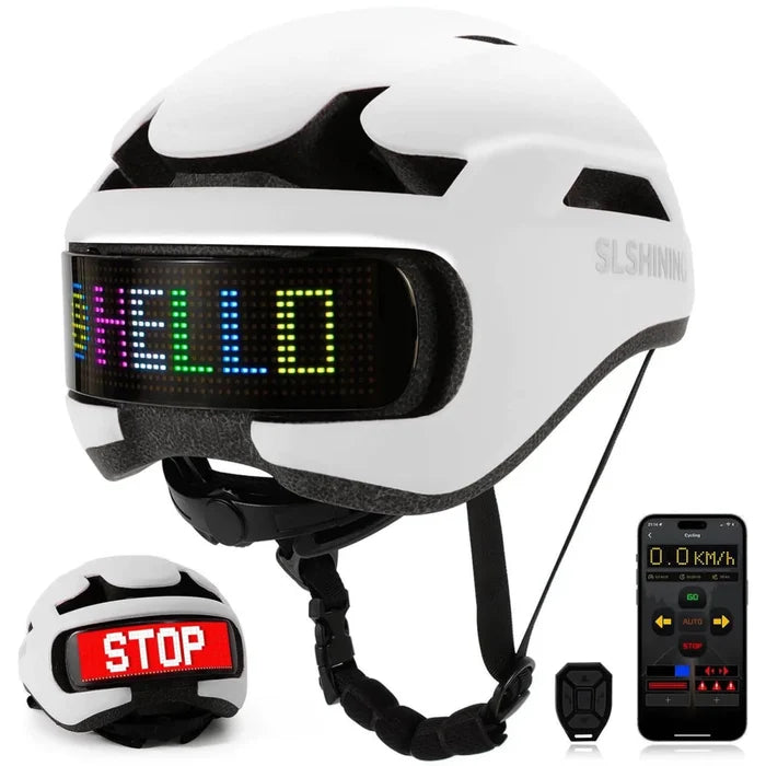 Luminous smart helmet with personalized LED lights, black design, and adjustable straps for safety and visibility during outdoor activities.