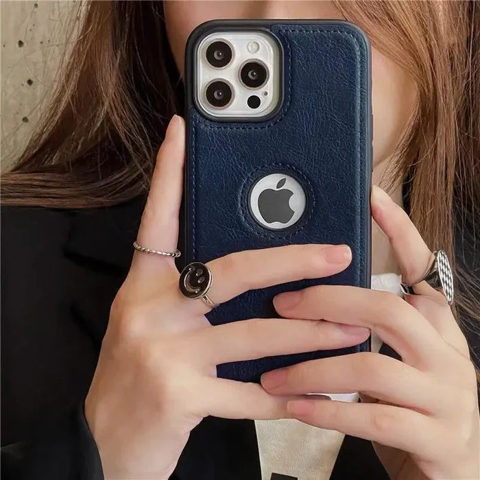 Black luxurious leather sleeve by MANDOTOS with sleek design and detailed stitching, perfect for protecting and stylishly carrying devices.