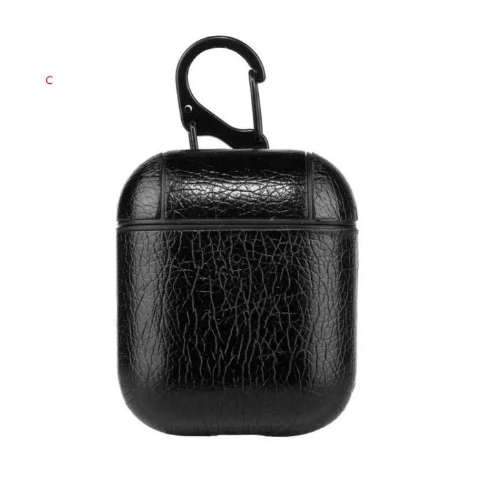 Luxury Leather AirPods Protector by MANDOTOS, showcasing sleek black leather case with precise cutouts for easy access.