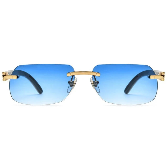 Luxury buffalo horn sunglasses for men and women by MANDOTOS INTERNATIONAL, stylish design with dark tinted lenses.