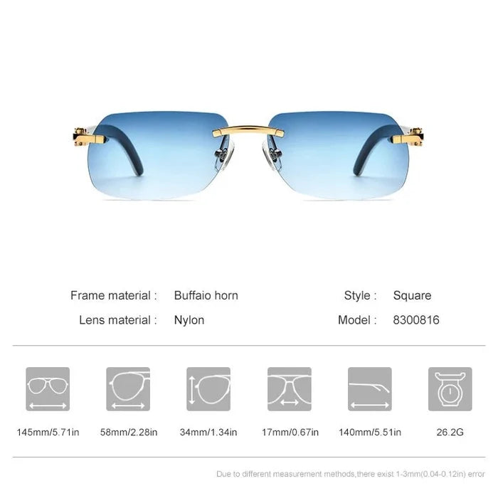 Luxury buffalo horn sunglasses by Mandotos International for men and women, stylish frame with dark tinted lenses.